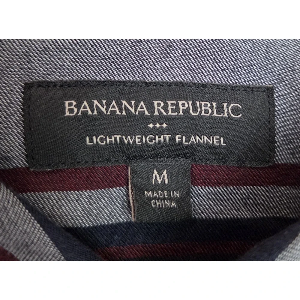 Banana Republic Men's Lightweight Flannel Shirt Medium Gray Navy Garnet Striped